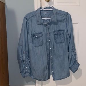 Long sleeved denim shirt.